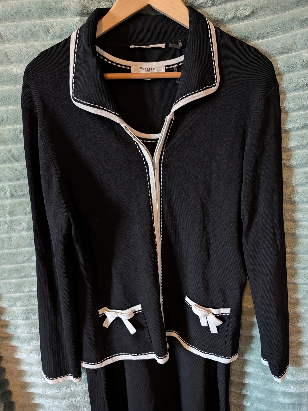 Vertigo Paris Black Knit Cardigan with White Trim and Bow Accents